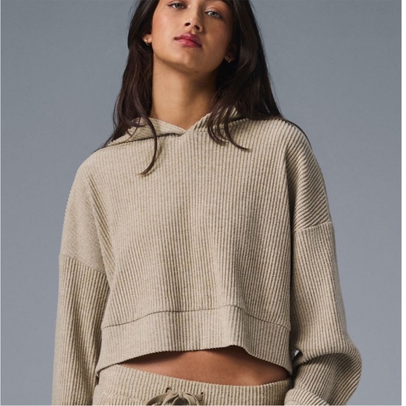 ALO Yoga Tops - ALO Yoga Muse Hoodie Ribbed Gravel Heather Tan Cream Women Size Small Pullover